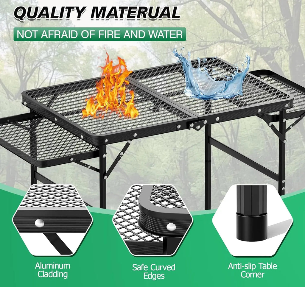Adjustable Portable Camping Grill Table with 2 Extra Desks, Metal Outdoor BBQ Table, 53.14 x 26.6 x 23.6 in, Large Size