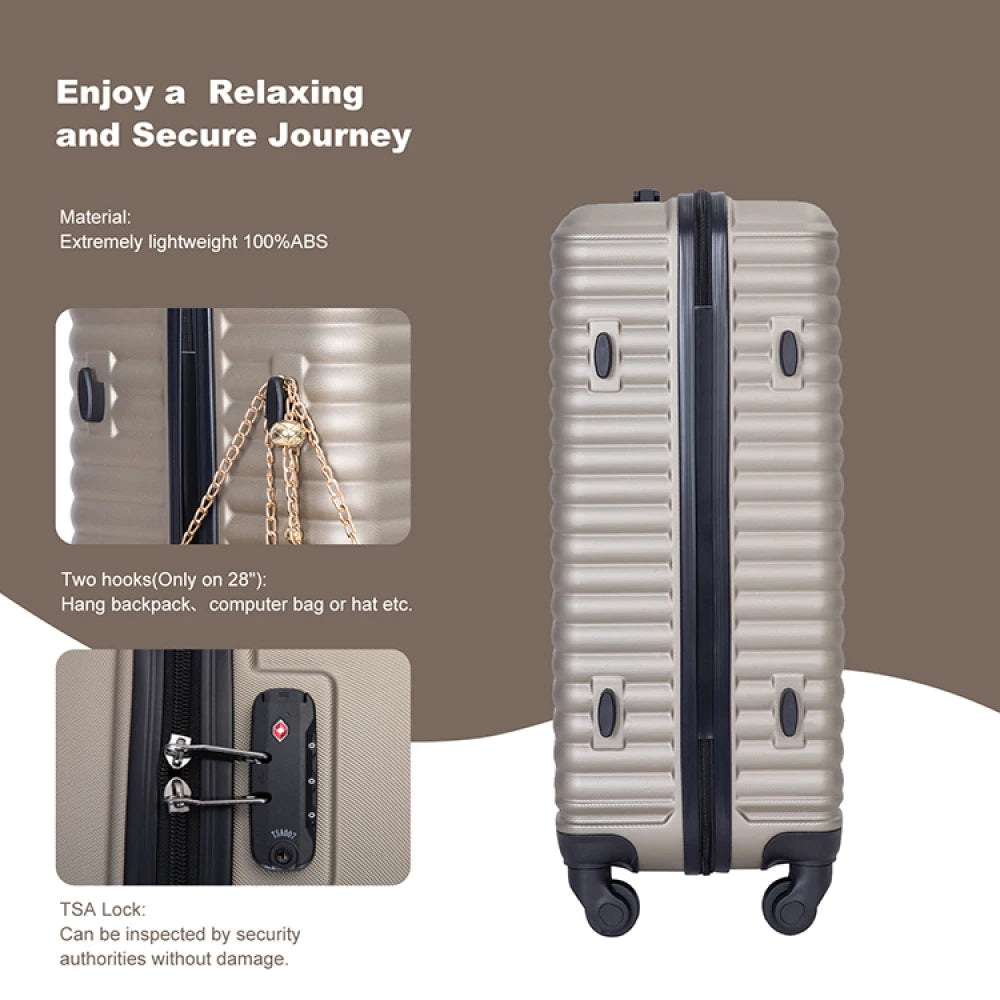 3 Piece Luggage Sets ABS Lightweight Suitcase with Two Hooks Spinner Wheels TSA Lock GOLD