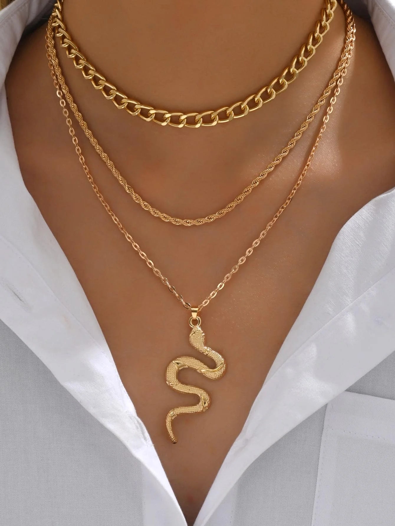 3-Layer Gold Snake Pendant Necklace Set for Women, Chunky Chain & Rope Layering Jewelry