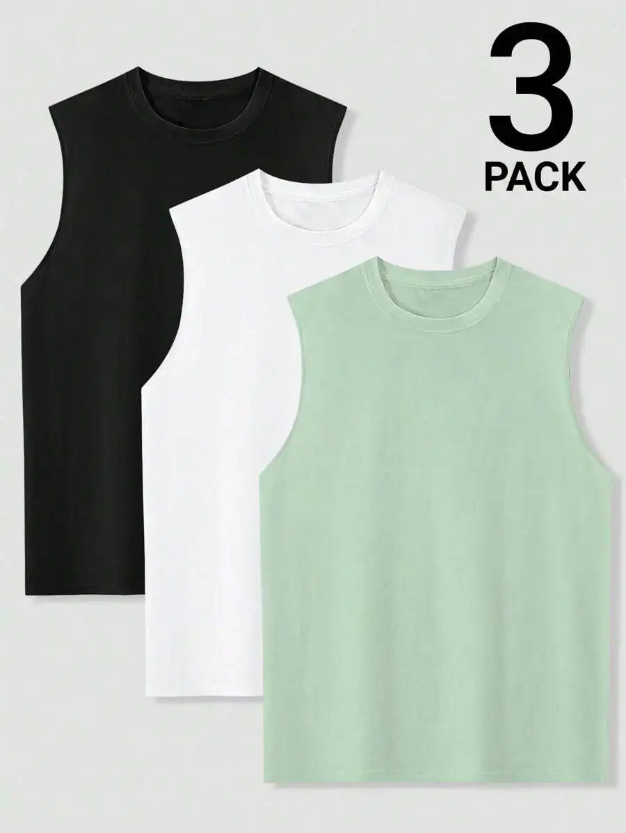 Men's 3-Pack Sleeveless Round Neck Tank Tops - Black, White, Gray