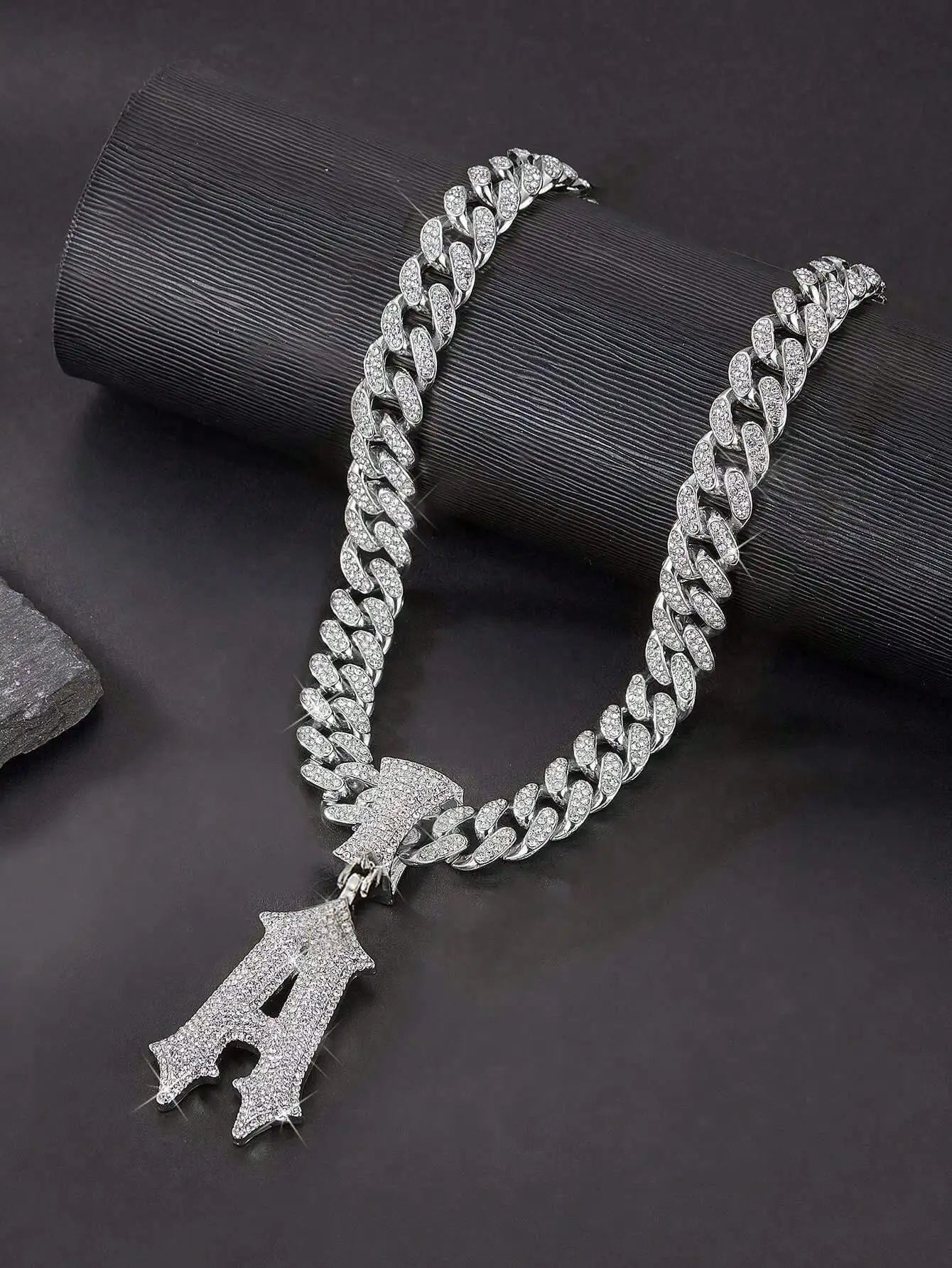 Iced Out Letter A Pendant Necklace with Miami Link Chain, Hip Hop Style Jewelry for Men and Women