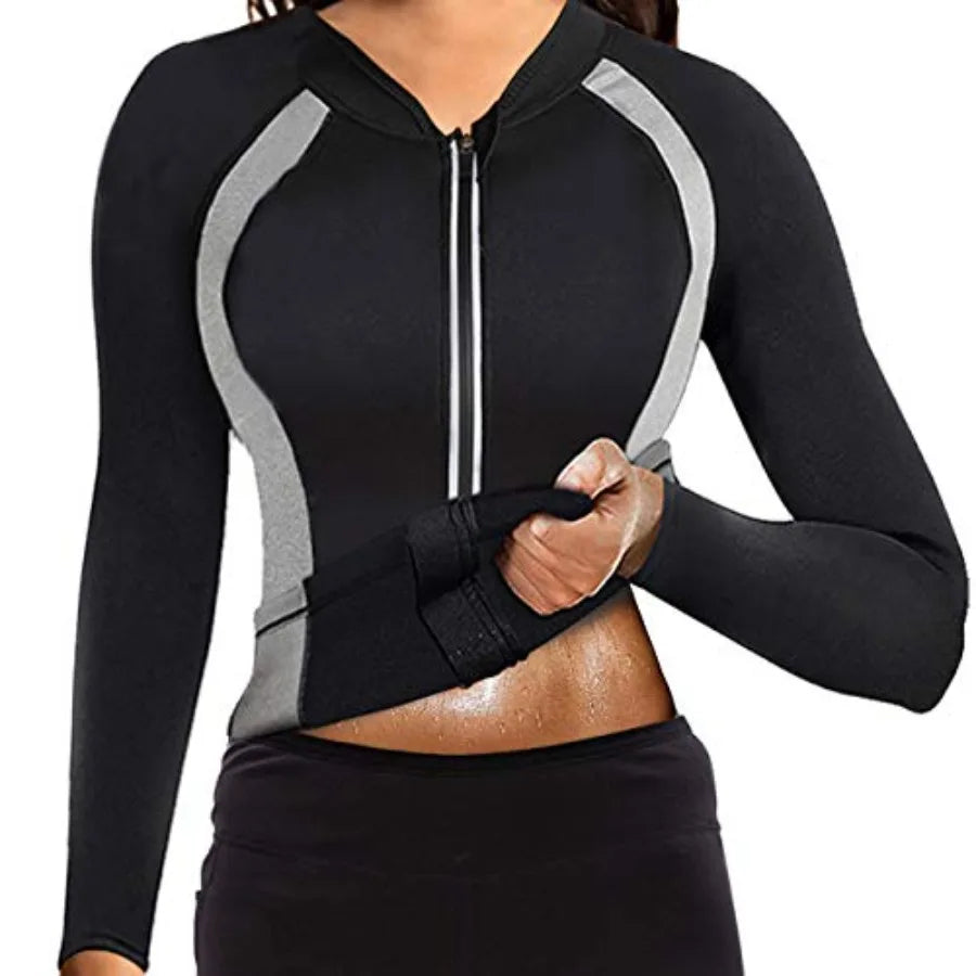 Women Sauna Suit Waist Trainer Jacket Hot Sweat Top Neoprene Body Shaper Workout Suit Running Cycling Jersey Black