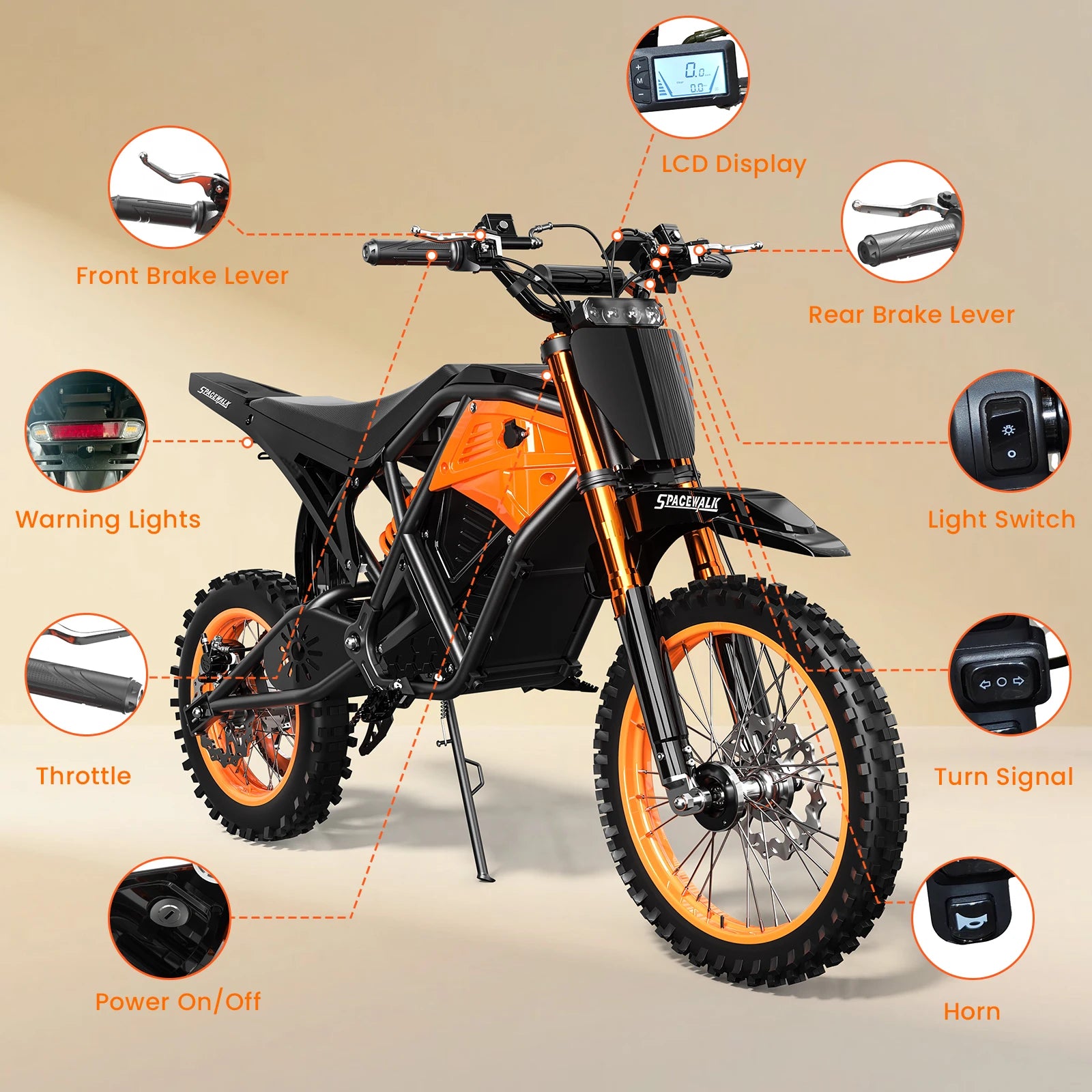 Spacewalk Electric Dirt Bike for Adults,48V Electric bike with 3000W Peak Power Motor,Electric Motorcycle with 14"/12" Fat Tire