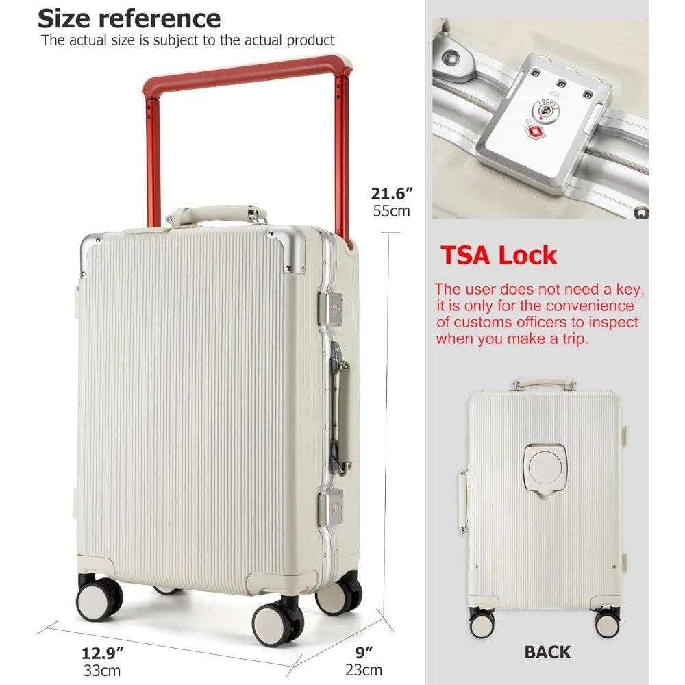20 Inch Aluminum Frame Wide Handle PC Hardside Double Spinner Carry-On Luggage - Luxury Rolling Travel Suitcase