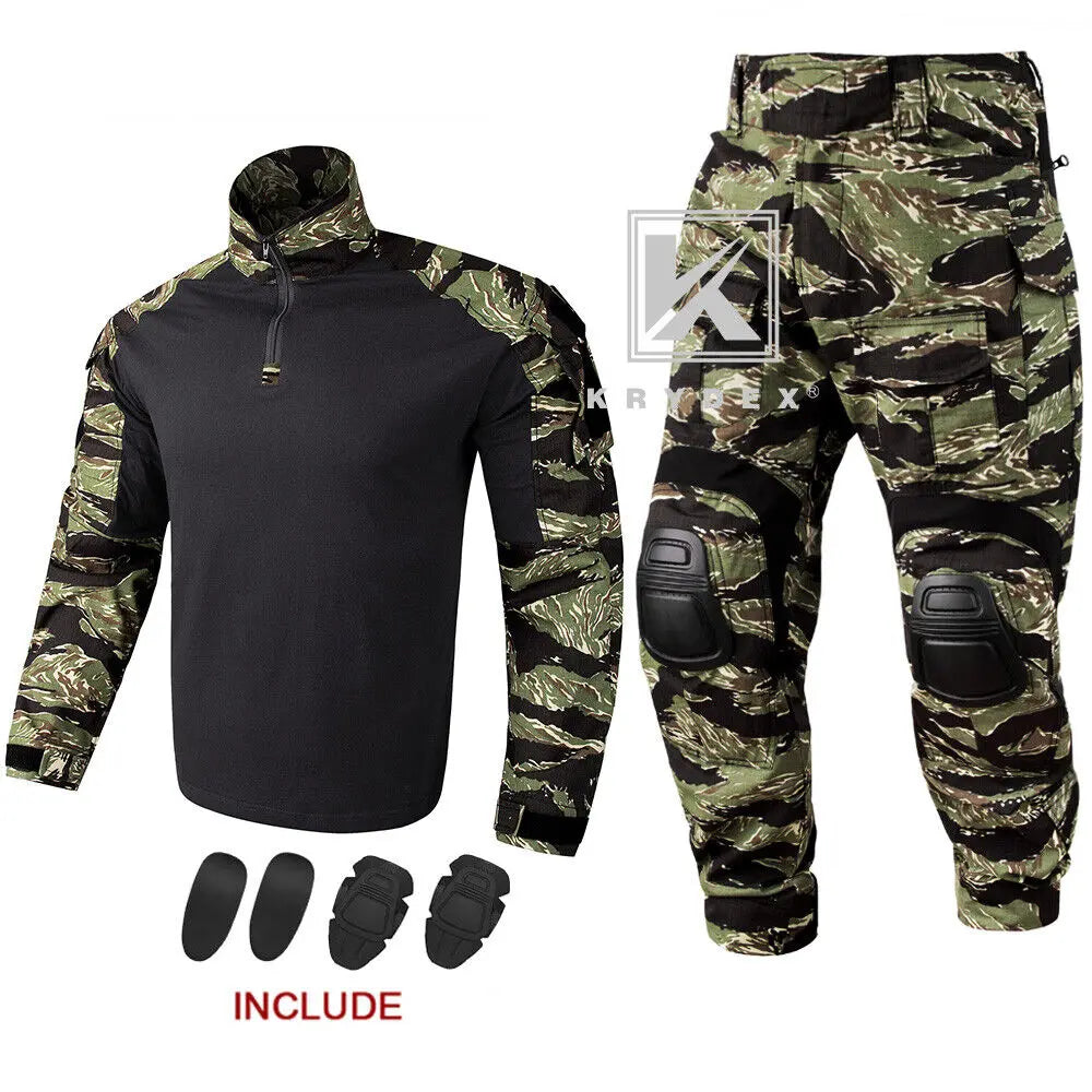KRYDEX Camouflage Combat Uniform Clothing Hunting Hiking Tactical Shirt & Pants Suit Kit Tiger Stripe Camo