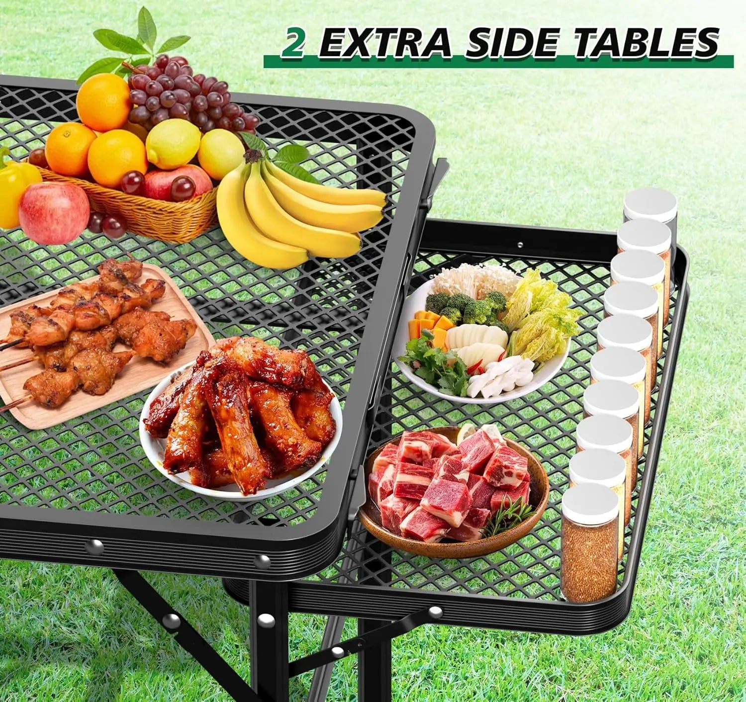 Adjustable Portable Camping Grill Table with 2 Extra Desks, Metal Outdoor BBQ Table, 53.14 x 26.6 x 23.6 in, Large Size
