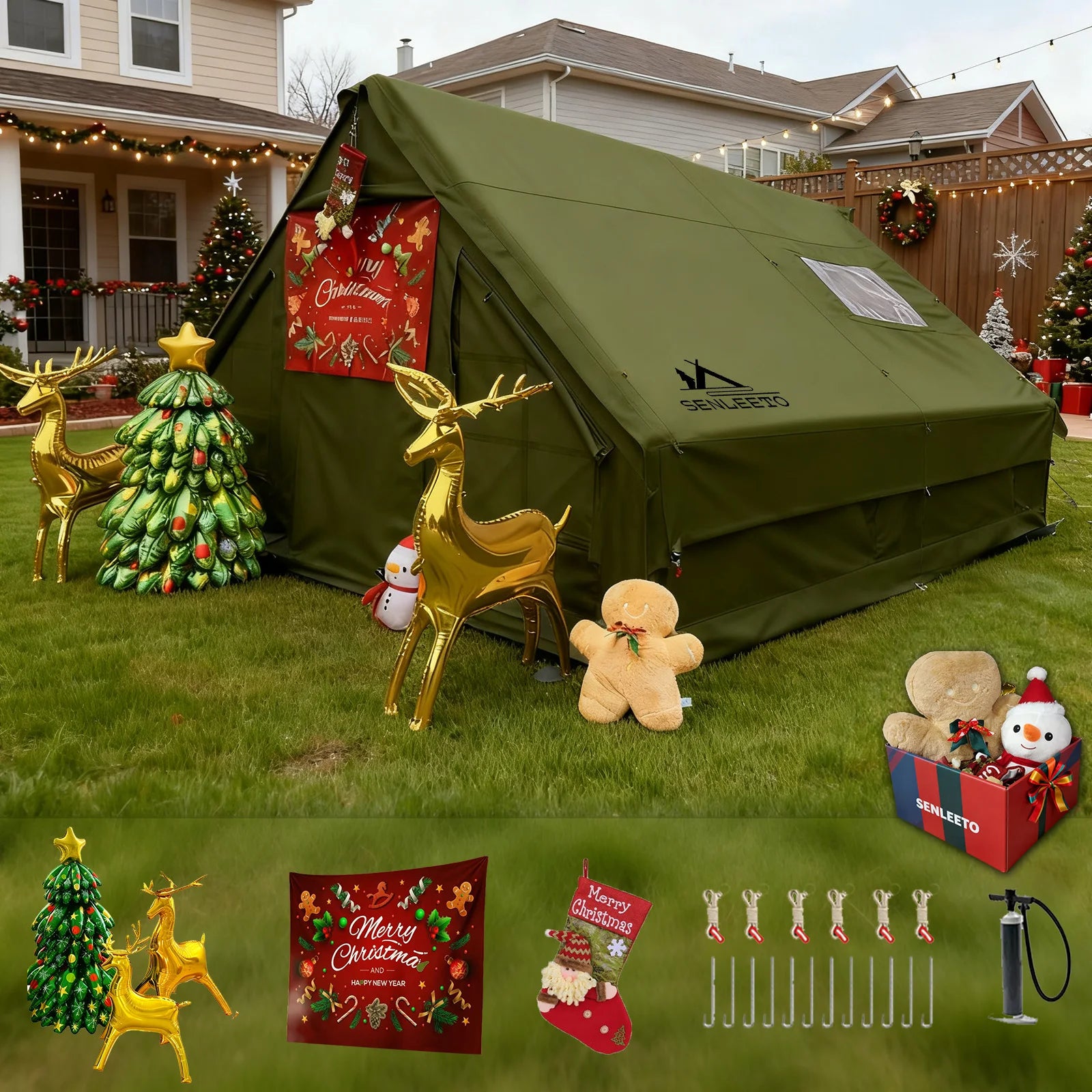 13' x 10' Large Inflatable Tents for Camping 8-10 Person, 4 Season Luxury Air Tent with Stove Jack for Outdoor Christmas Camping