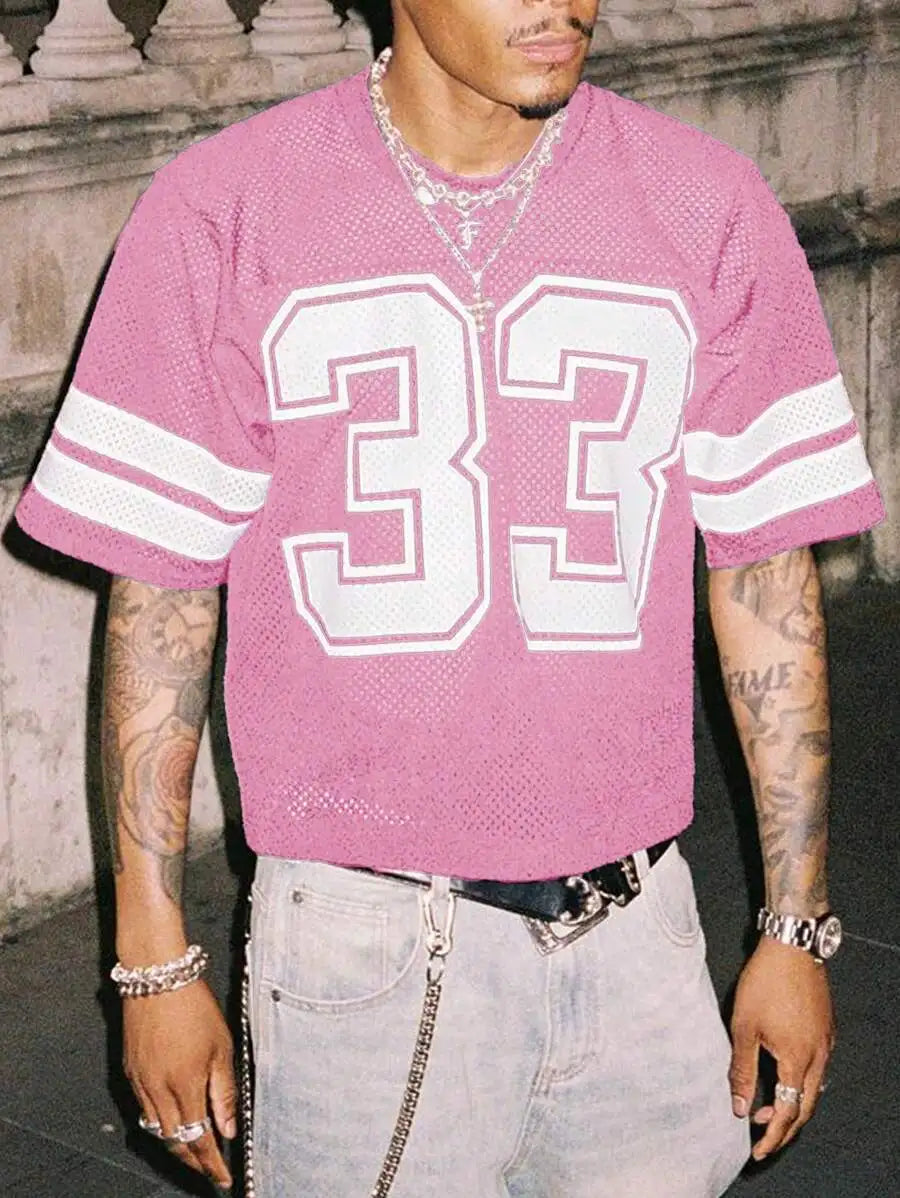 Men's Navy Mesh Jersey Tee with Bold Numeric Print and Stripe Sleeves