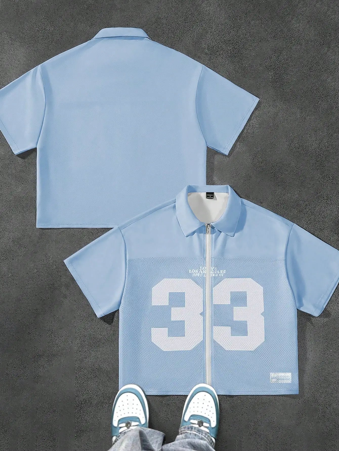 Men's Light Blue Cropped Zip-Front Mesh Panel Shirt with Numeric Print