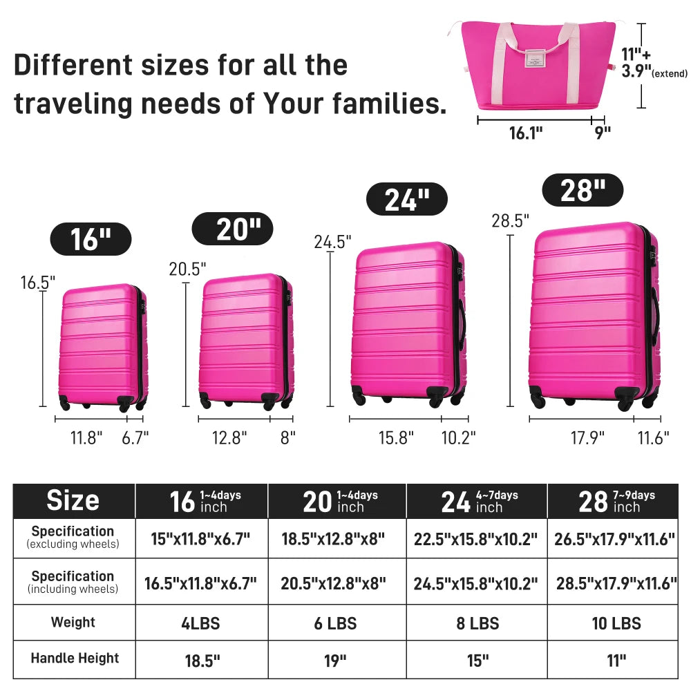 4Pcs Hardshell Luggage Set 16/20/24/28 Inch with Bag Lightweight Spinner Suitcase TSA Lock Travel Luggage