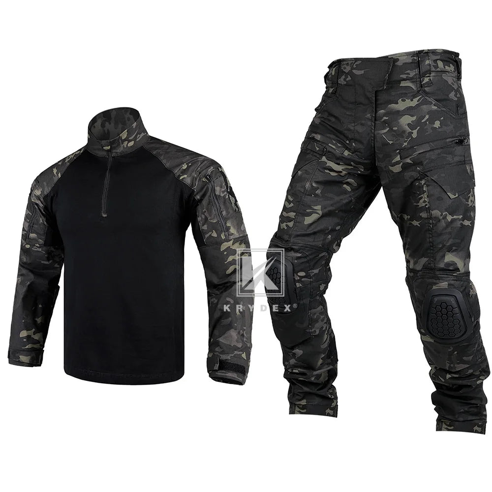 KRYDEX Tactical Combat Suit Shirt & Pants with Knee Pads Hunting Men Clothing Camouflage Uniform Set Camo Ranger Green