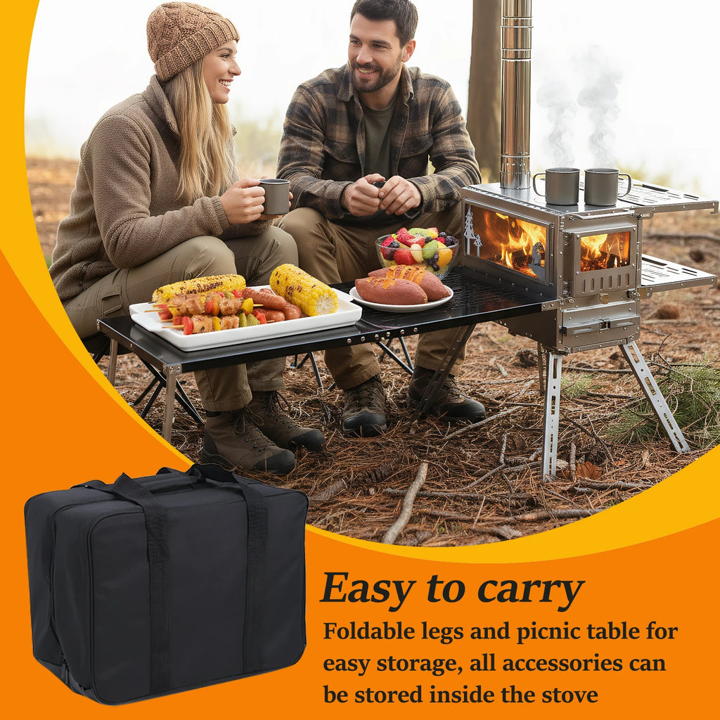Camping Stove with Oven & Table Wood Burning Stove Chimney Pipes Included Stainless Steel Hot Tent Stove for Hunting Ice Fishing