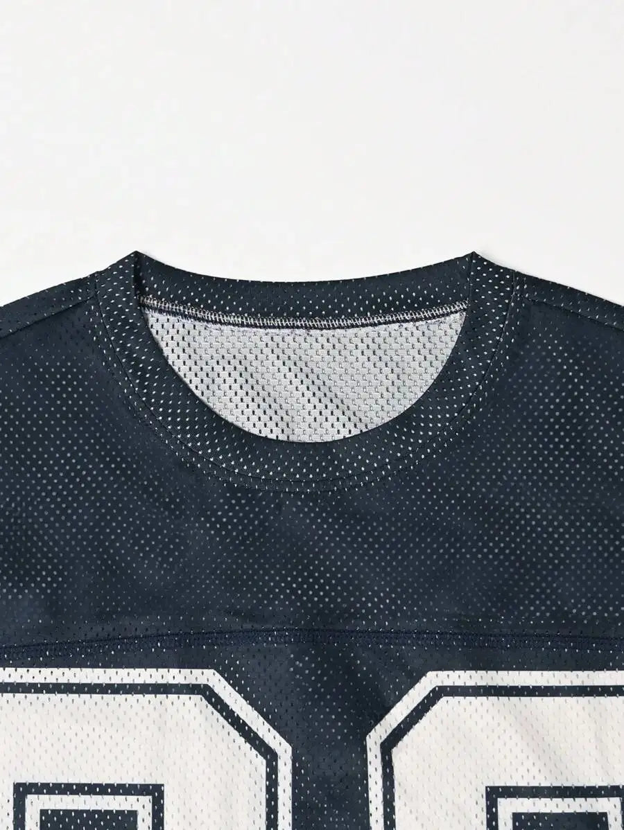 Men's Navy Mesh Jersey Tee with Bold Numeric Print and Stripe Sleeves