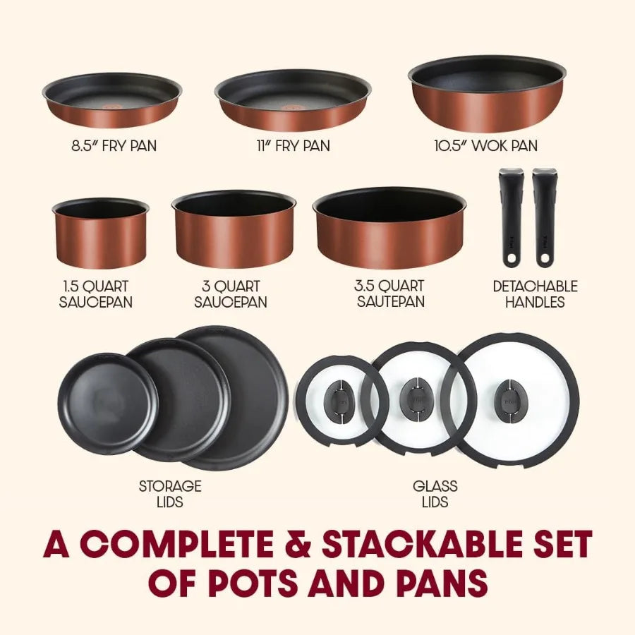 Expertise Non Stick Cookware Set 14 Piece, Induction, Oven Broiler Safe 500F, Stackable, Pots and Pans, RV, Camping, Fry Pans, D
