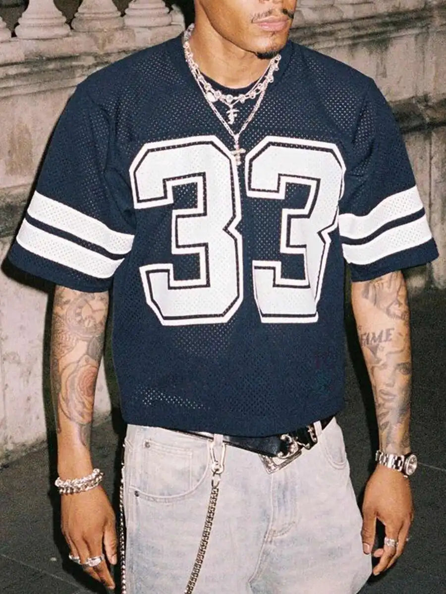 Men's Navy Mesh Jersey Tee with Bold Numeric Print and Stripe Sleeves