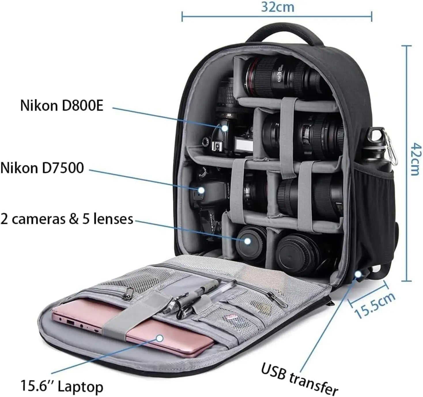 Camera Backpack Professional DSLR Bag with USB Charging Port Rain Cover, Photography Laptop Backpack for Women Men