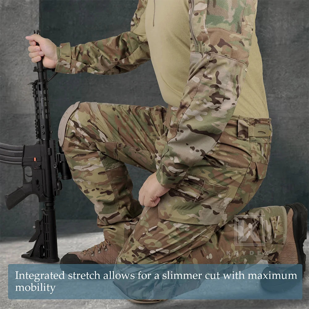 KRYDEX Tactical Combat Suit Shirt & Pants with Knee Pads Hunting Men Clothing Camouflage Uniform Set Camo Ranger Green