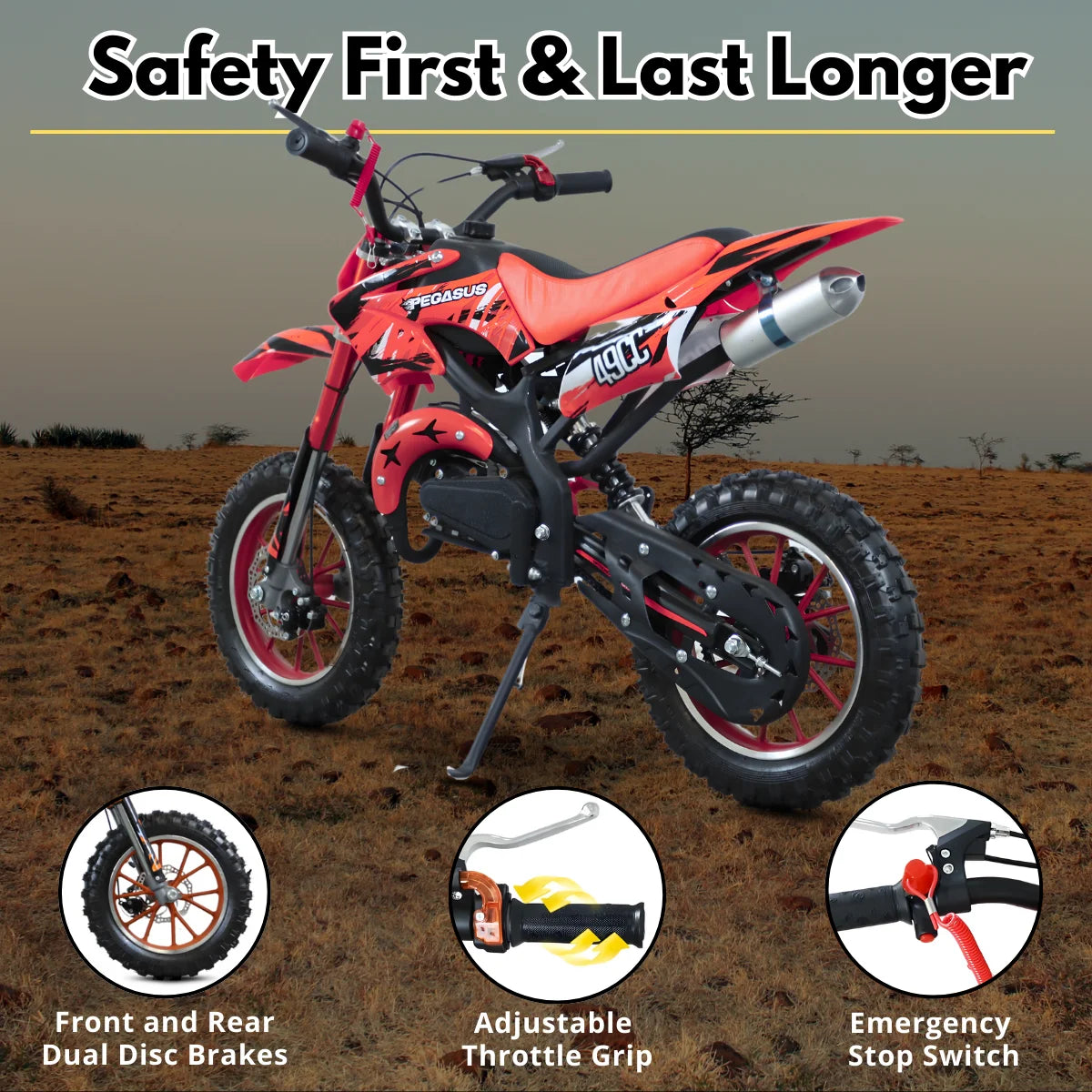 49cc Kids Dirt Bike, 2-Stroke Gas Powered Mini Motorcycle for Kids 8-14, Dual Disc Brakes, Front & Rear Suspension, 10” Off-Road