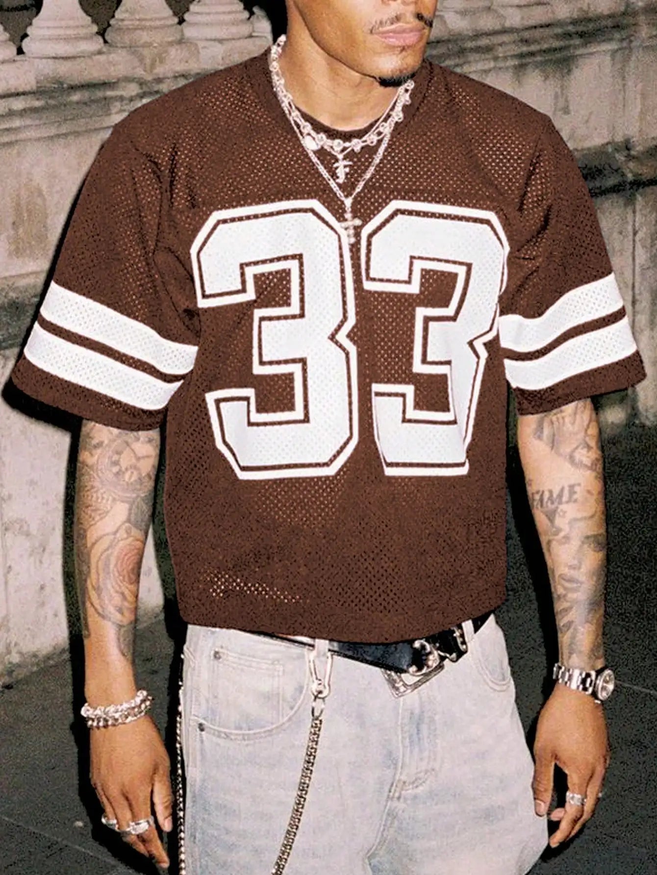 Men's Navy Mesh Jersey Tee with Bold Numeric Print and Stripe Sleeves