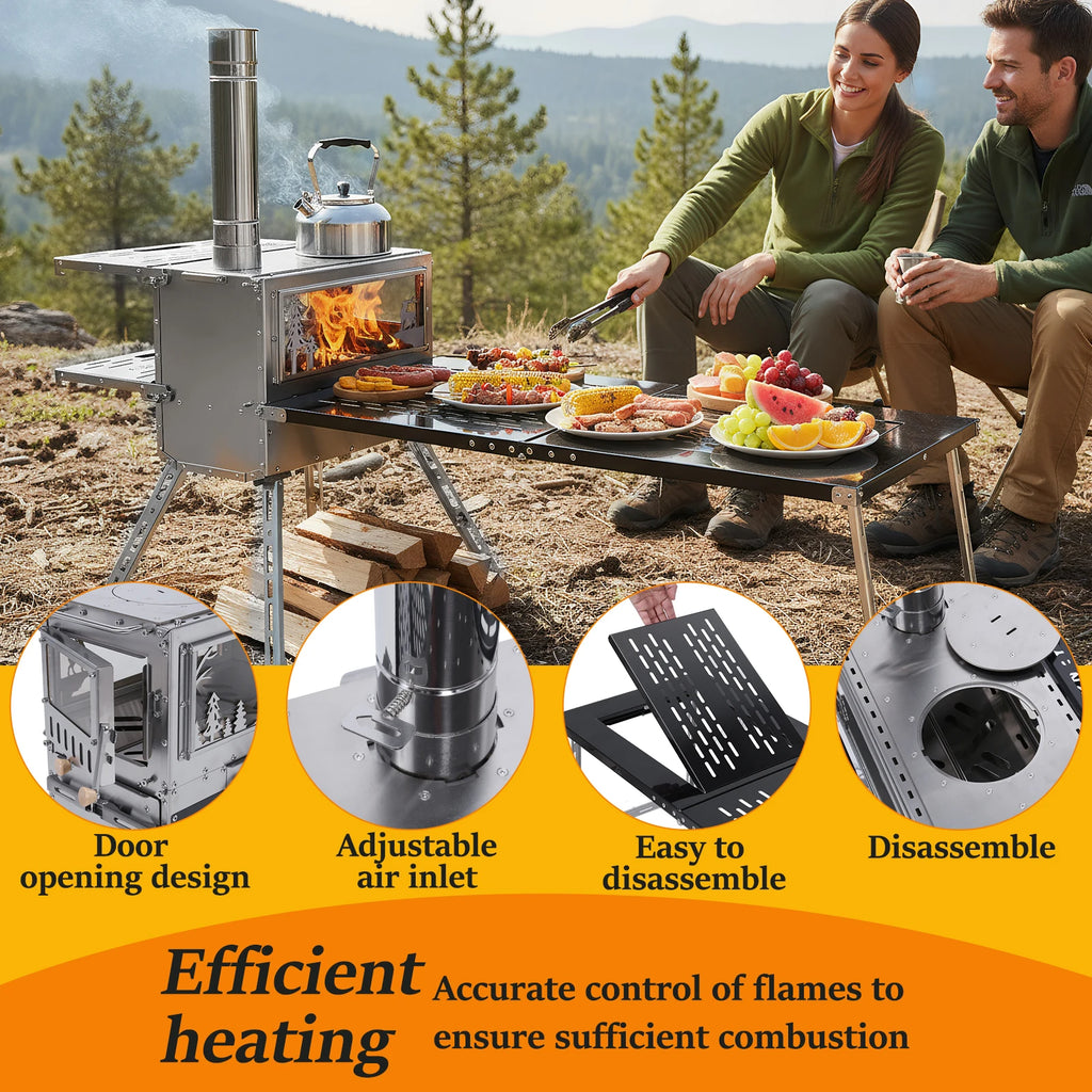 Camping Stove with Oven & Table Wood Burning Stove Chimney Pipes Included Stainless Steel Hot Tent Stove for Hunting Ice Fishing