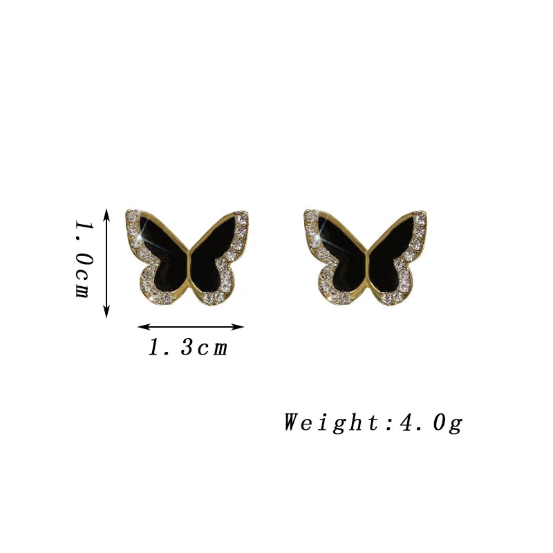 Cute Small Butterfly Stud Earrings for Women Fashion Black Enamel Oil Crystal Wings Side Insect Earrings Elegant Jewelry Gift